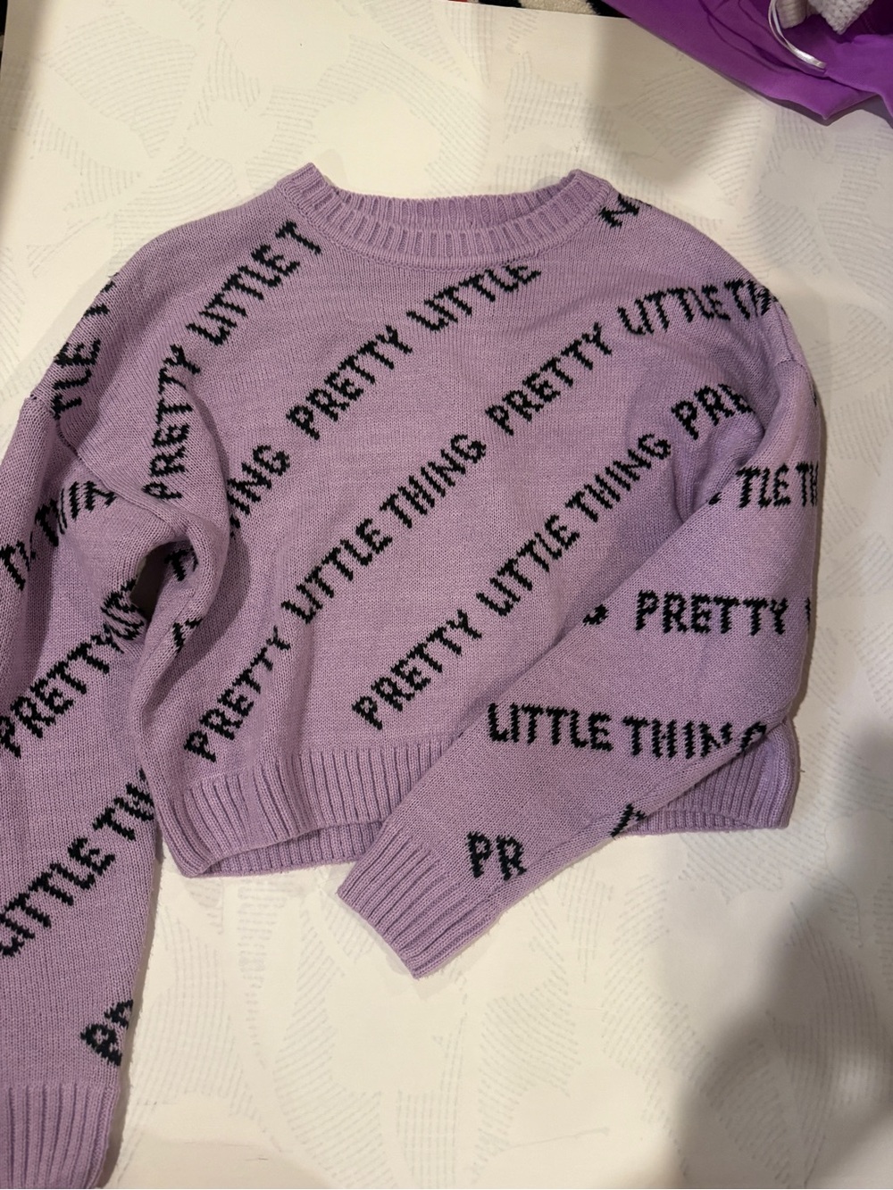 PrettyLittleThing Lavender Logo Knit Crewneck Sweater
